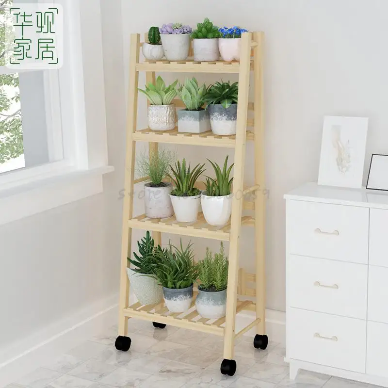 Цветочная полка из дерева многослойная комнатная зеленая для сохранения места в