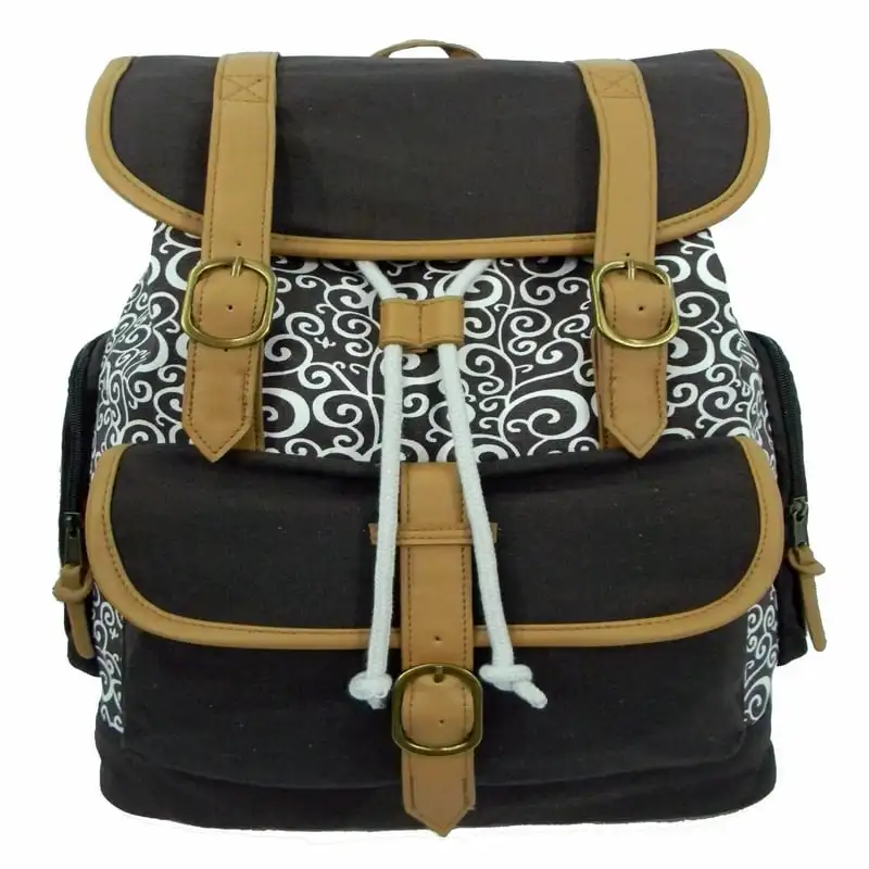 

Canvas Printed Laptop Backpack in Black/Grey with Brown Trim
