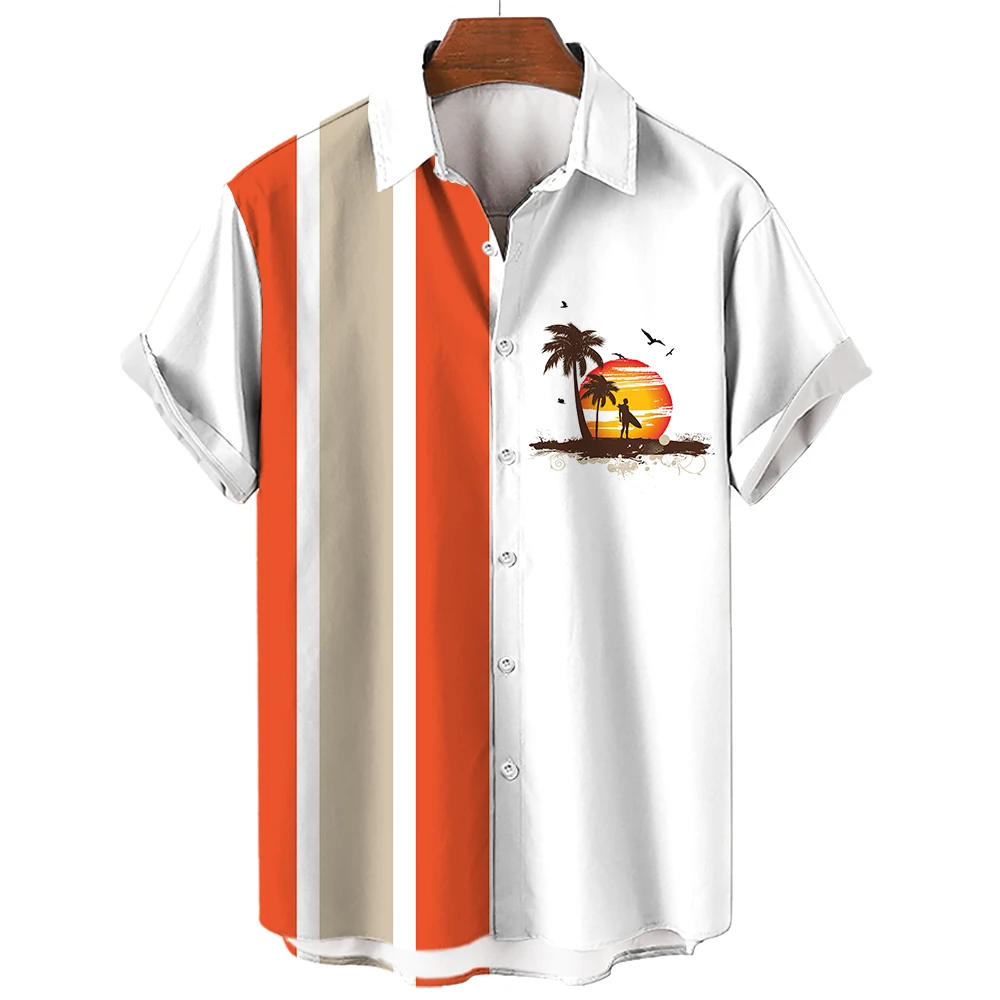 

2023 2023 New Men's Shirt Short Sleeve Tees Fashion Striped Print Blouse Casual Lapel Social Hawaiian Shirt Summer