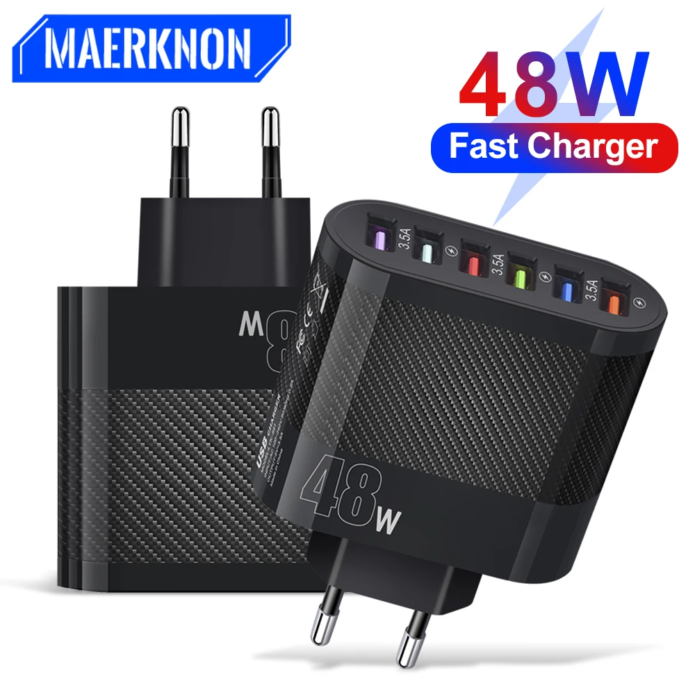 

6 Ports USB Charger 48W Quick Charge 3.0 QC3.0 Fast Charging Wall Phone Adapter For iPhone 14 13 Xiaomi Samsung Portable Charger