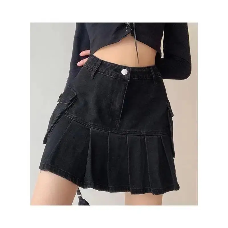 

Casual Denim Mini Skirt Women Summer 2022 High-Waiste Harajuku Y2k Pleated Skirt Black Korean Style Fashion Clothing Short Skirt