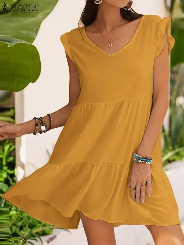 

Women Elegant Solid Sleeveless Ruffles Sundress ZANZEA 2023 Summer Fashion Holiday Dress Casual Beach Knee-length Vestido Robe