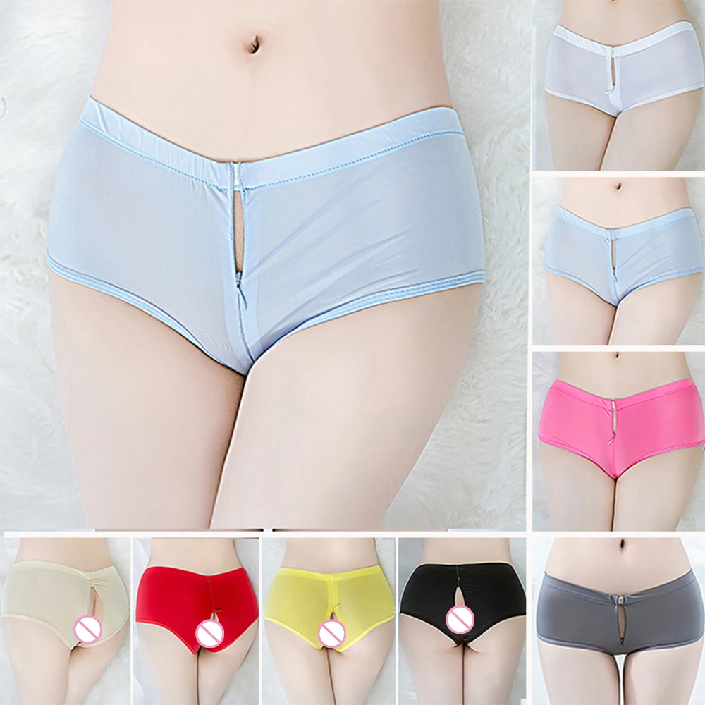 

Women Oil Shiny Panties Underwear Glossy See Through Zipper Open Crotch Thong Brief Ultra-thin Breathable Lingeries Underpants