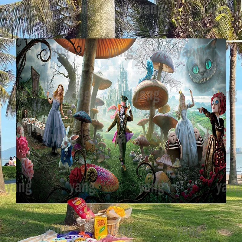 

Mushroom Happy The Elves Grey Cat Party Decoration Disney Girl Princess Backdrop Alice In Wonderland Cartoon Backgrounds Banner