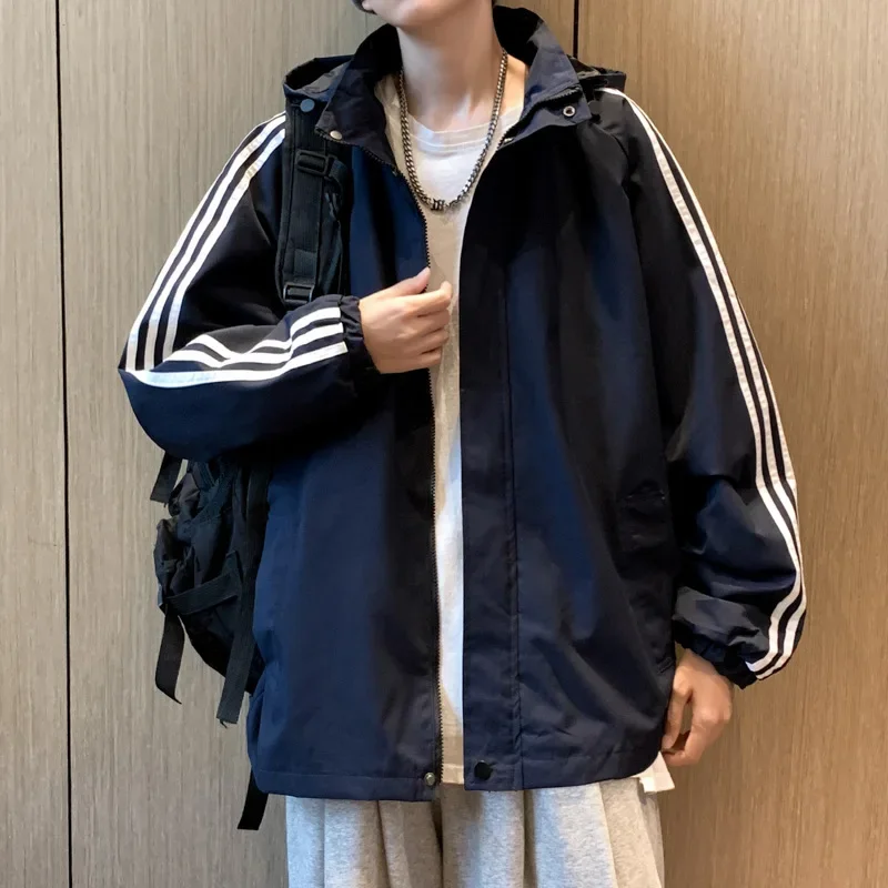 Spring Autumn Loose-fit Striped Sports Suit Jacket Hooded Trendy Hong Kong Style Unisex Baseball Cap Sweatshirt