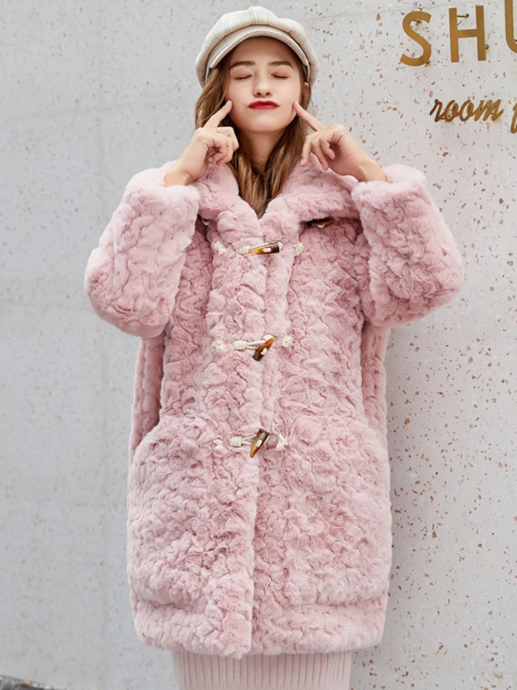 Fashion Imitation Rabbit Fur Coats Women 2022 Winter Loose Warm Horn Button Coat Casual Sweet Imitation Fur Mid-length Outwear