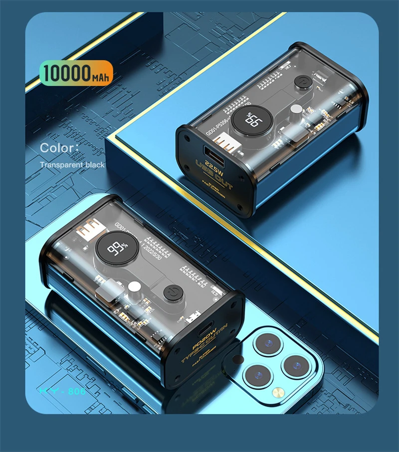 

Новый прозрачный Внешний аккумулятор в стиле панк PD22.5W, портативное зарядное устройство 10000 мАч, внешний аккумулятор с цифровым дисплеем, вн...