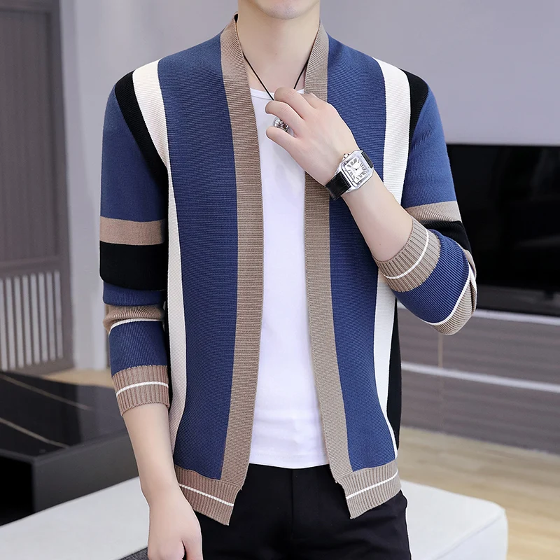 

2022 Autumn Men's Cardigan Striped Sweatercoat Men Long Sleeve Knitted Sweaters Fashion Slim Fit Streetwear Knit Jacket Coat
