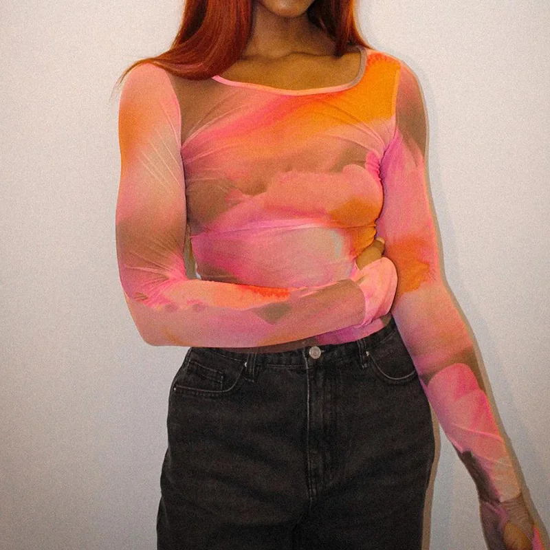 

Gothic Print Mesh T-shirt Women Stylish Long Sleeve Tie Dye Print Crew Neck Slim Fit T-Shirts Summer Tee Streetwear 90s Vintage