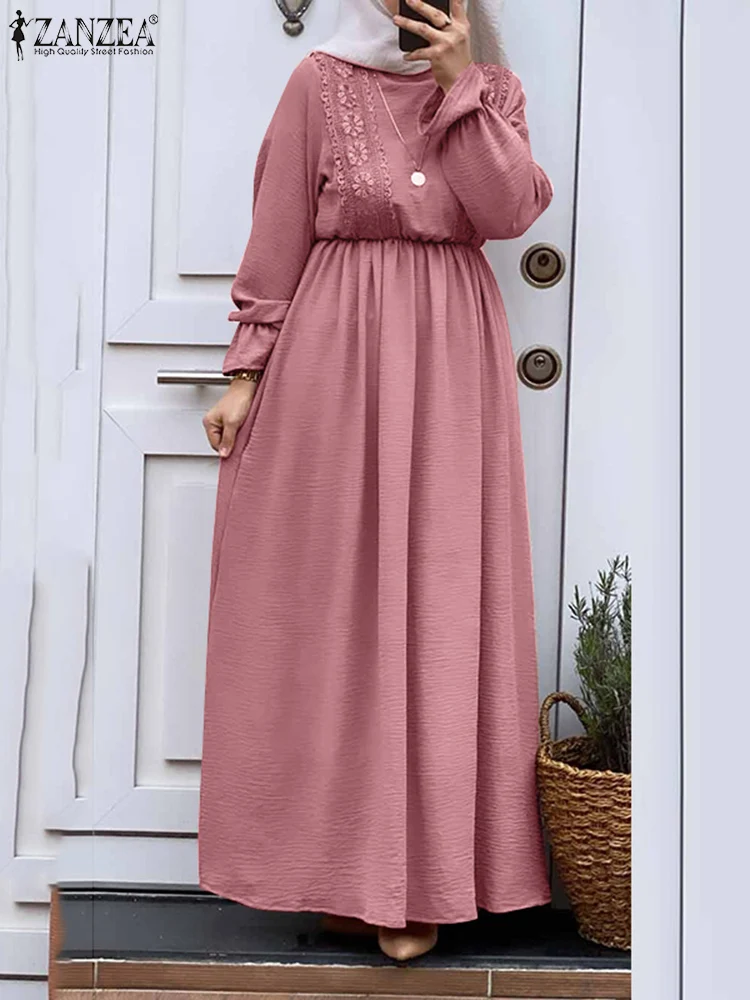 

ZANZEA Elegant Lace Crochet Muslim Abaya Dress Women Vintage Ramadan Islamic Clothing Kaftan Long Sleeve Solid Maxi Vestidos