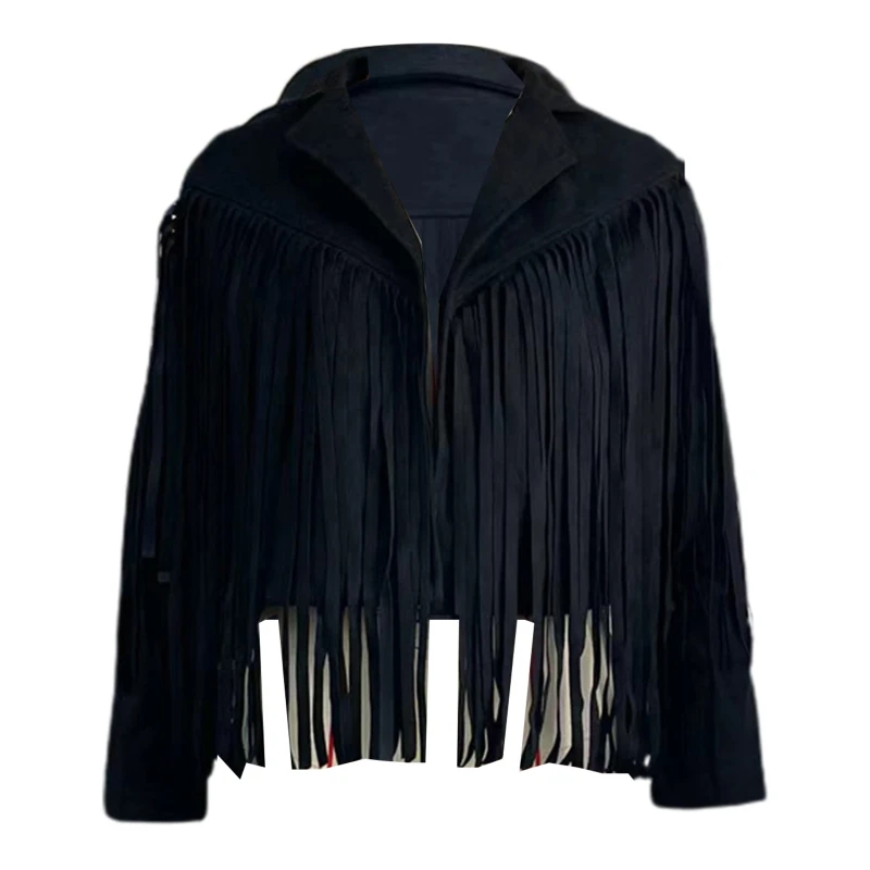

Women Personality Fringe Tassel Jacket Notched Lapel Crop Biker Top Streetwear