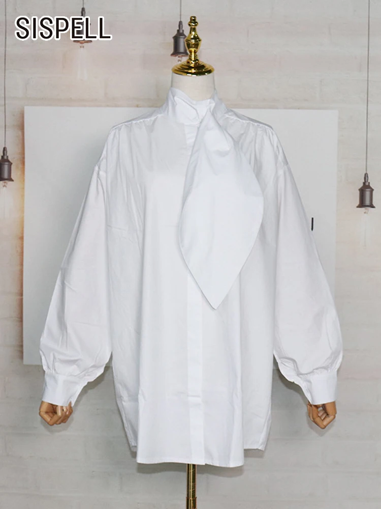 

SISPELL White Loose Button Through Blouse Female Stand Collar Long Sleeve Solid Minimalist Shirts Female Korean Fashion Clothing