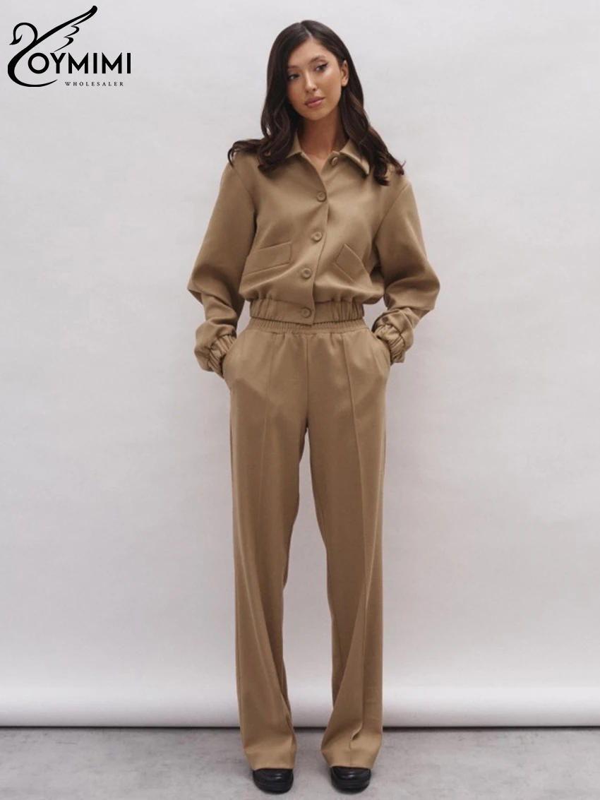 

Oymimi Fashion Long Sleeve Crop Shirt 2 Piece Sets Women Elegant Loose Brown Office Pants Set Casaul High Waist Trousers Suits