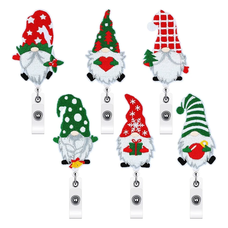 

6 Pcs Christmas Felt Nurse Badge Reels, Gnome Retractable Badge Holders Christmas Gnome Badge Reels Cute Name ID Badge