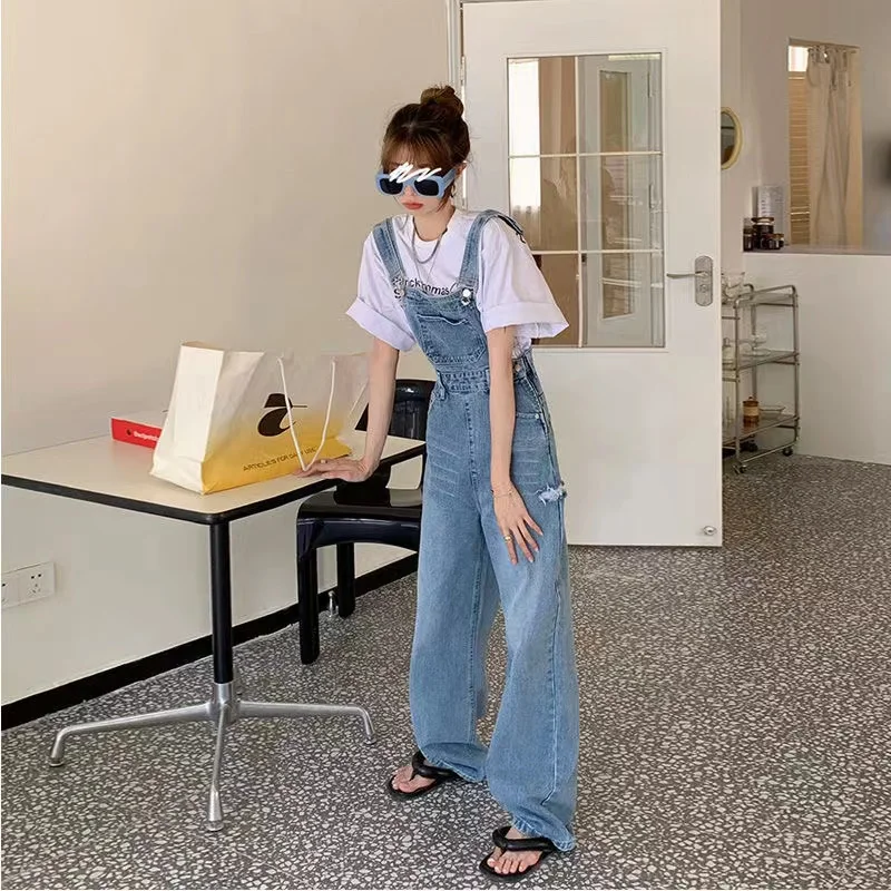 2023yk2 Retro Denim Overalls Korean Style Jumpsuit Street Loose Wide-Leg Pants Summer Slim Casual All-Match Female Long Elegant