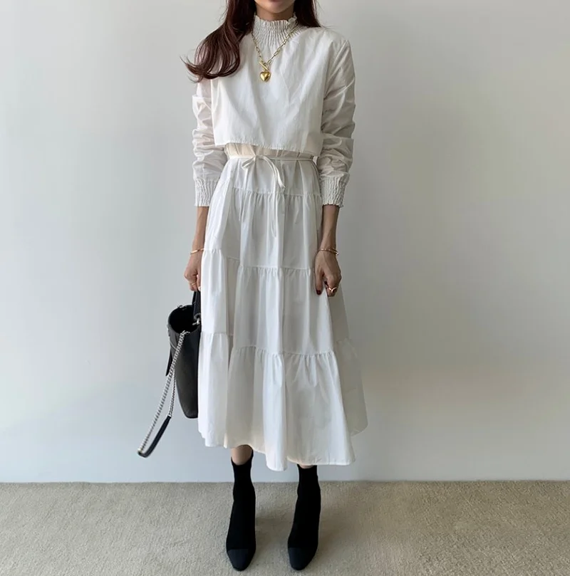 

2021 Fall Women Stand Collar Elegant Solid Party White Dresses Office Ladies Long Dress Female Long Sleeve Maxi Dress Vestidos