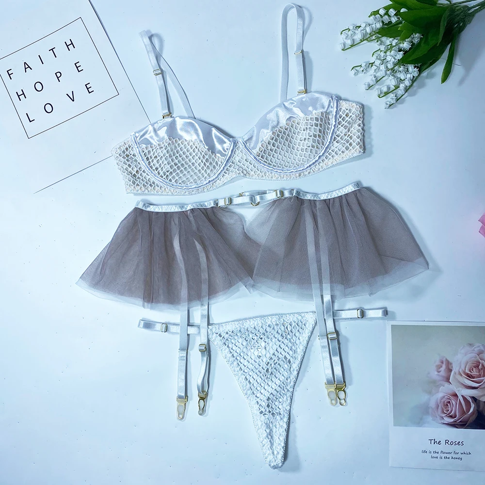 Ellolace Sexy Lingerie Mesh Patchwork Fancy Underwear Ruffle Garters Delicate Luxury Brief Set See Through Sensual Erotic Sets