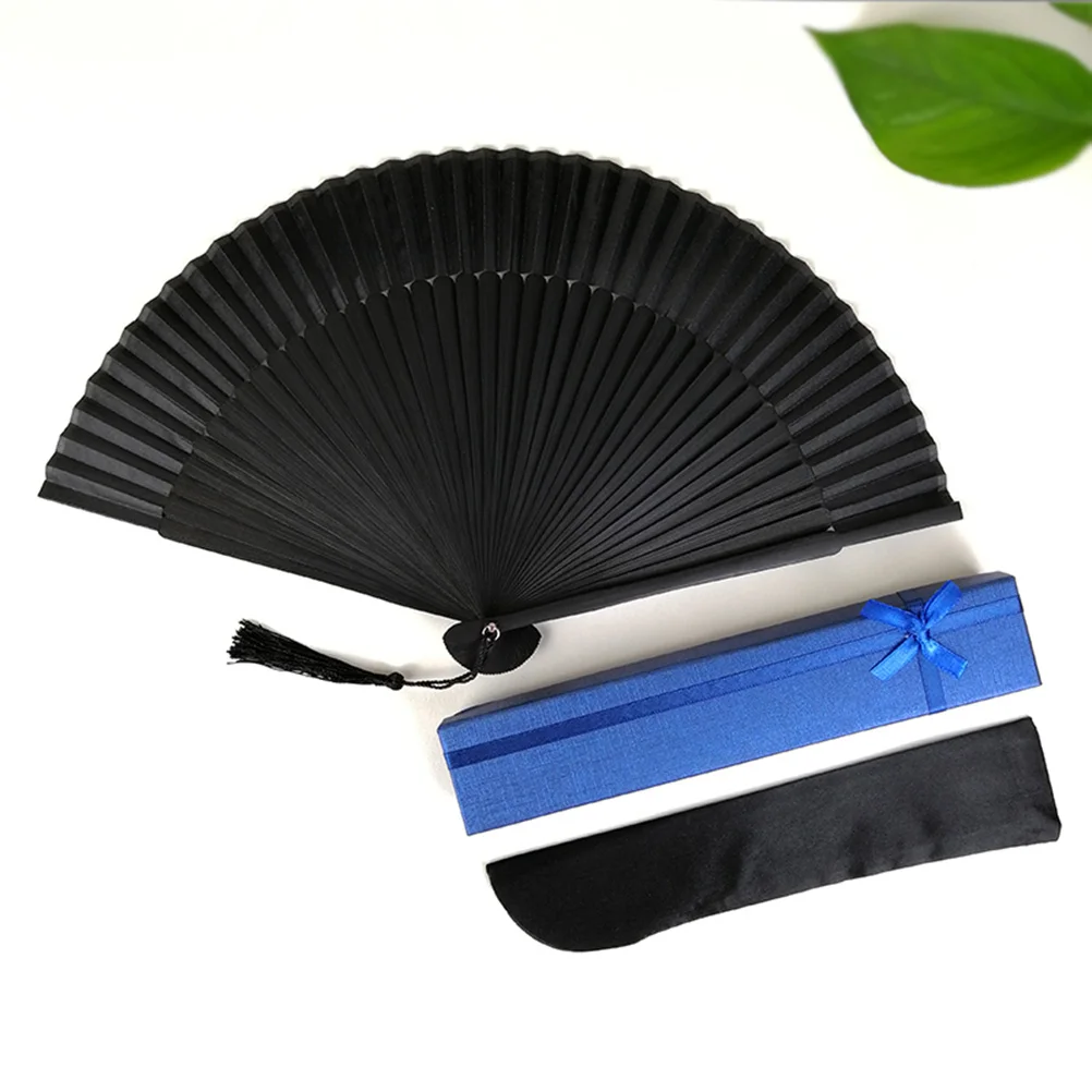 

Men Foldable Fan Bamboo Bone Handheld Fan Chinese Folding Fan with Storage Bag and Paper Box (Black)