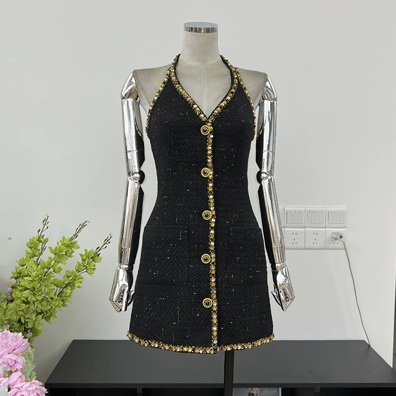 KBQ Solid Patchwork Diamonds Two Piece Set For Women V Neck Sleeveless Spliced Button Dress Long Sleeve Coat Elegant Sets New