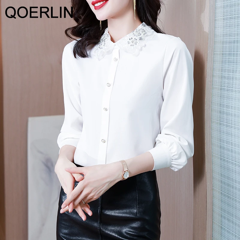

QOERLIN S-3XL Satin White Shirts Long Sleeve Beading Mesh Elegant Blouse Button Up OL Formal Workwear Tops Shirts Office Ladies