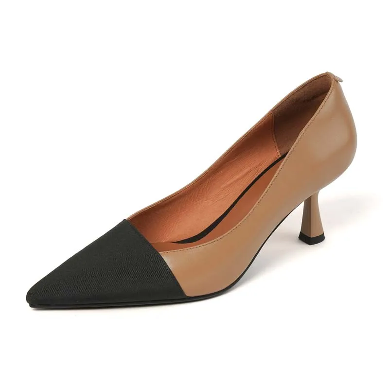 

Genuine Leather Women Splicing High Heels Spring Patchwork Pointed Toe Pumps Apricot Beige Fashion Party Shoes SmallHut Brand