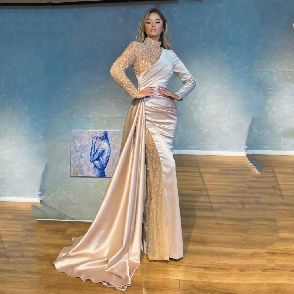 

Великолепные вечерние платья-русалки, платья для выпускного вечера с высоким воротником и кристаллами, изготовленные на заказ блестящие вечерние платья с длинным рукавом