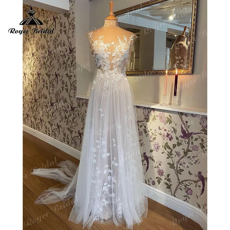 

Roycebridal Plunging Sexy Wedding Dress Lace Appliqued Tulle Bridal Reception Beach Wedding Party Gowns robe de soirée femme