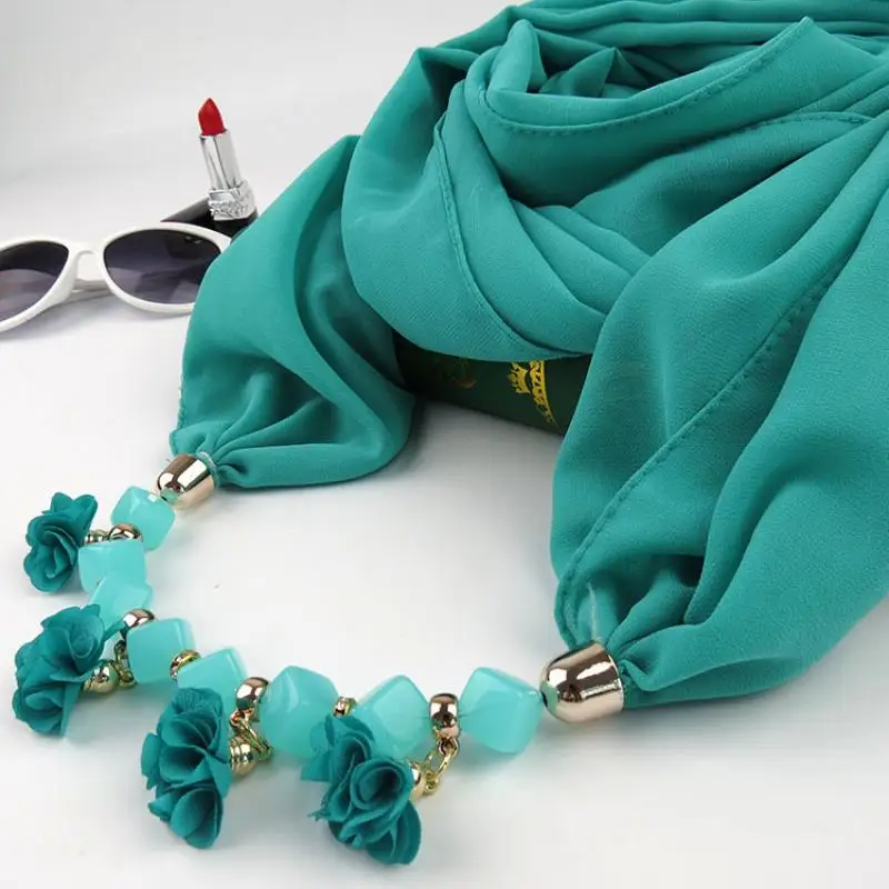 

Fabric Flower Pendant Plain Chiffon Scarf for Women Boho Statement Necklace Neckerchief Foulard Femme Accessories
