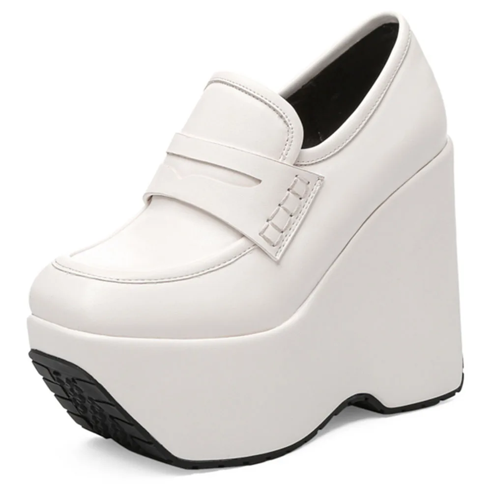 

GIGIFOX 2022 High Wedges High Super Thick Platform White Black Slip On Loafers Women's Shoes Chunky Pumps
