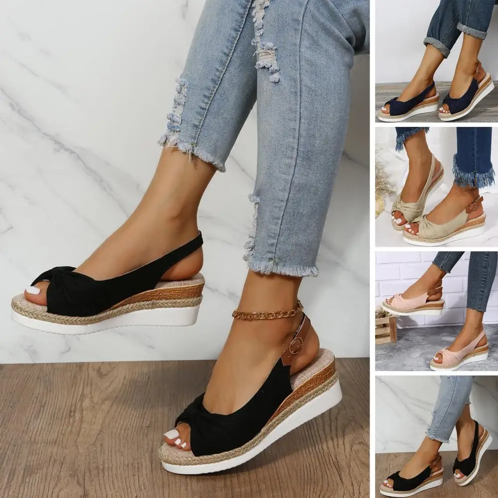 

Fashion Women Peep Toes Wedge Sandals Platform Thick Sole Front Bowknot Pin Buckle Footwear Faux Leather Ladies Gladiator Shoes