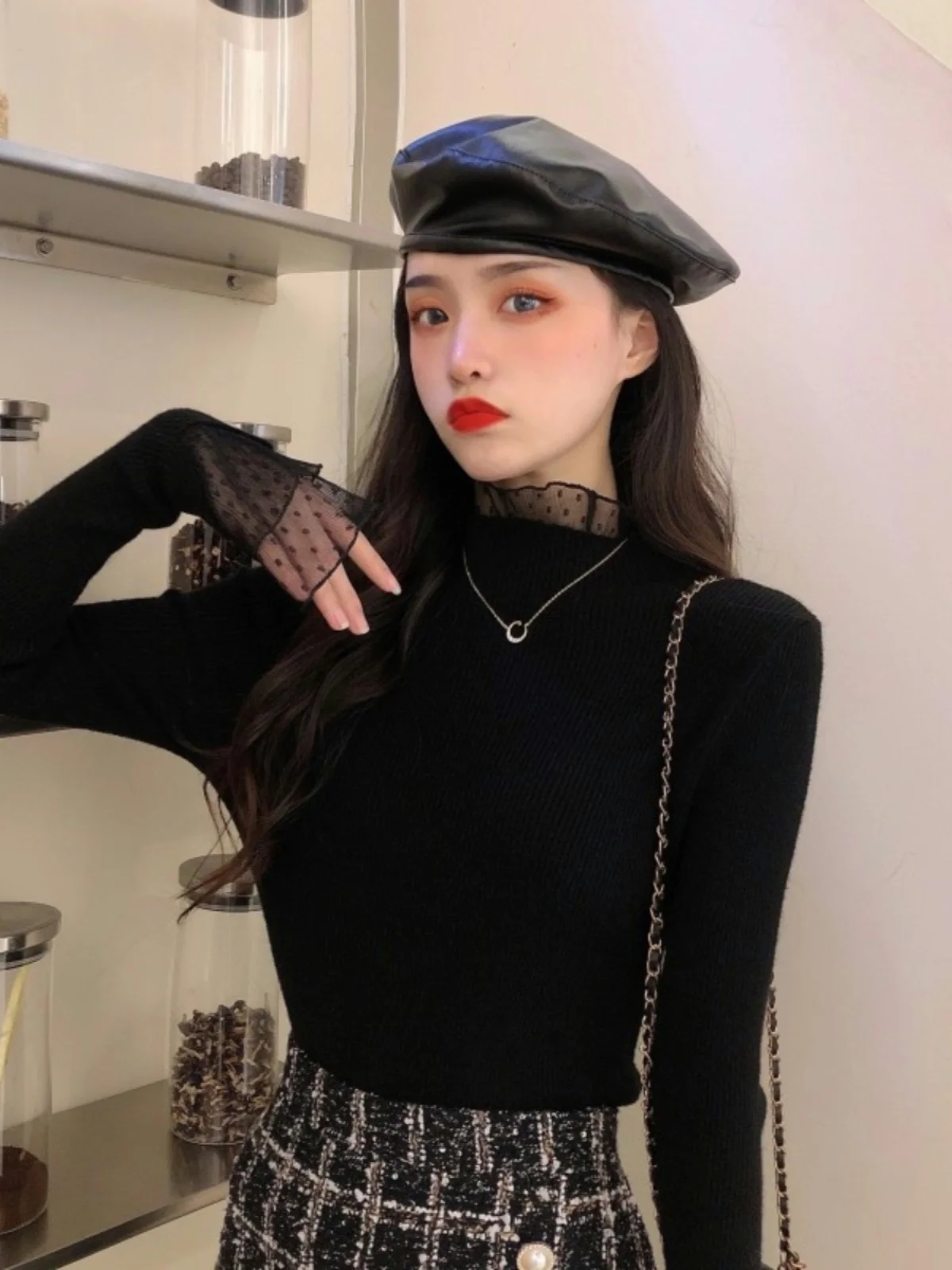 Вязаный кружевной свитер с полувысоким воротником облегающий дизайн Sense Chic Advanced