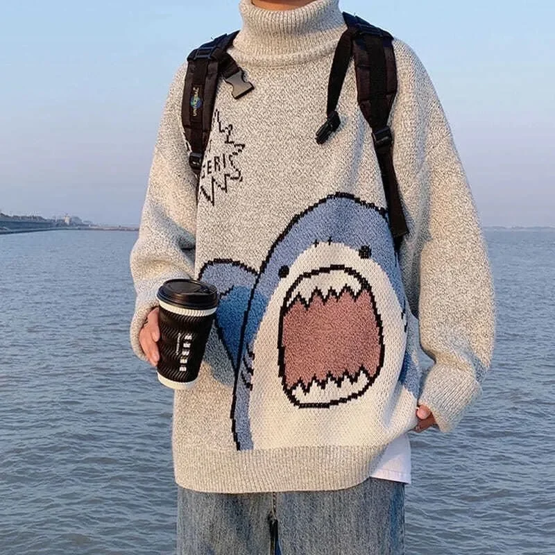 Vintage Turtlenecks Shark Sweater Men Harajuku Loose Thick Patchwork High Neck Oversized Grey Pullover Couples Tops Sueteres