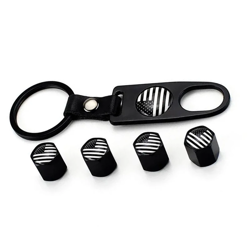 

One Set (5pcs) KeyChain White Black Metal USA American Flag Tire Air Valve Stem Caps Key Ring Car Accessories