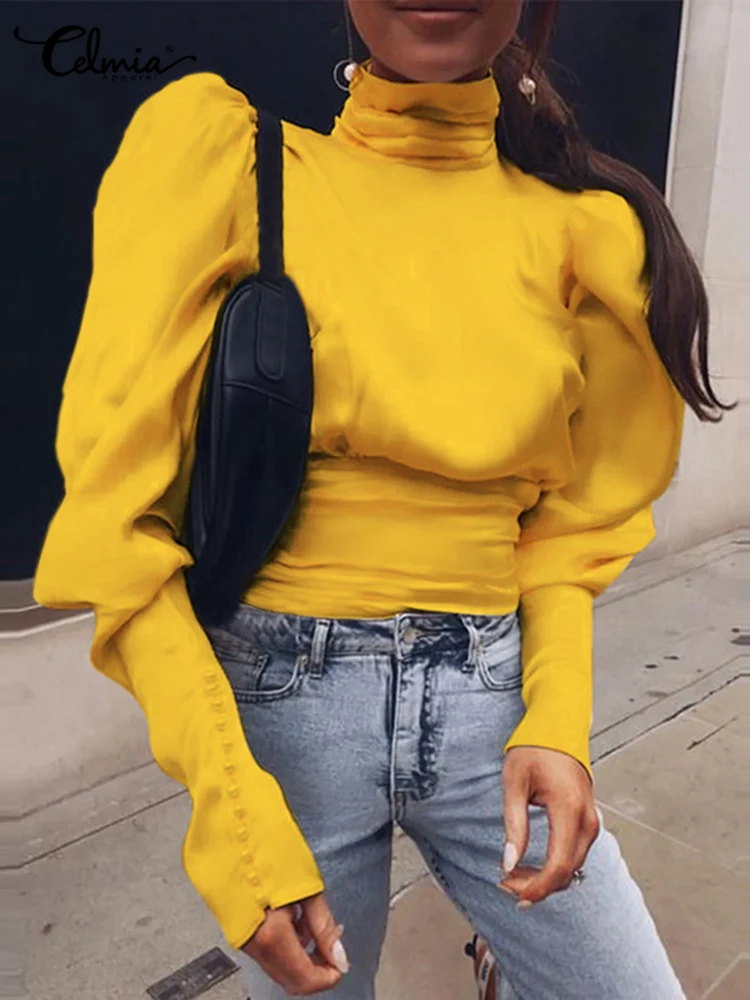 

Блузка женская с плиссированной талией, на пуговицах, с высоким воротником