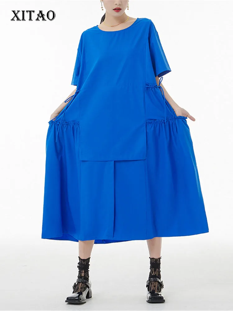 

XITAO Women Fashion Dress Half Sleeve Pocket Pleated Goddess Fan Pullover 2022 Summer Solid Color Elegant Casual Style ZY7157