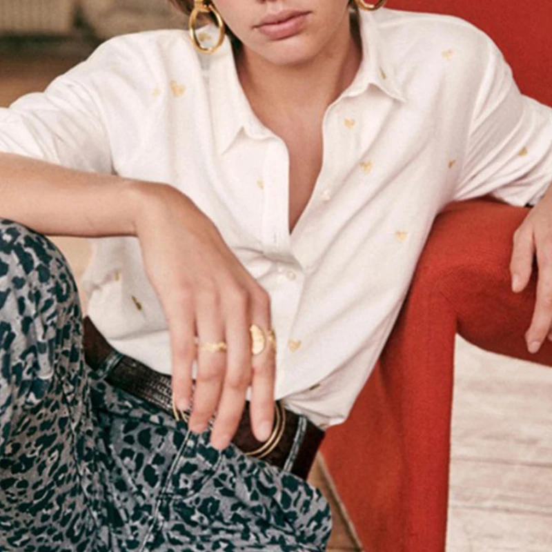 

Women's Love Embroidery Turn-down Collar Long Sleeve Blouse 2023 New Ladies Simple Single Breasted Shirt Top All-Match