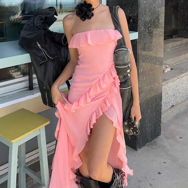 

Женское длинное платье с открытыми плечами, без бретелек, с оборками