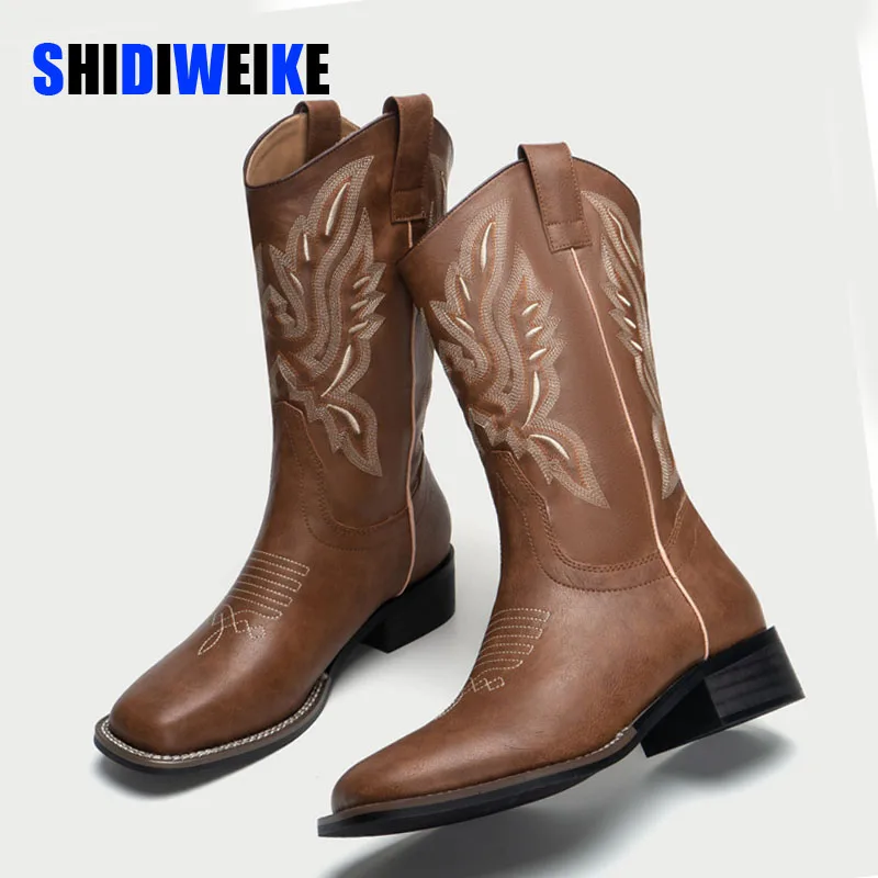 

SDWK 4CM Women Cowboy Boots Embroidery Western Boots Round toe Mid-calf women Boots Slip on women Riding Boots Zapatos Hombre