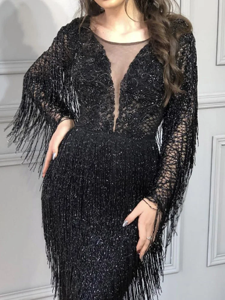 

BAZIIINGAAA Classic Evening Dress 2022 New V-neck Lace Long-sleeved A-line And Floor Dress Formal Evening Robe De Soirée Femme
