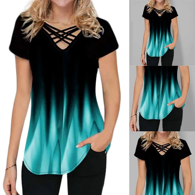 

Women's New Gradient Printing Fashion Casual Short Sleeve V-Neck T-Shirt Green