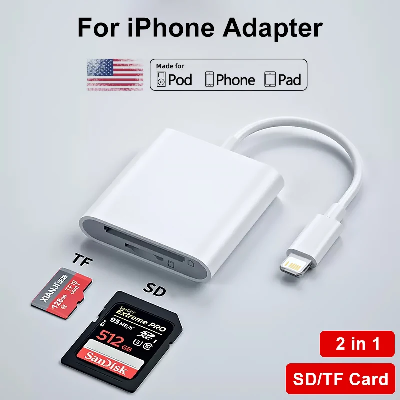 Устройство для чтения SD-и TF-карт для Apple iPhone, устройство для чтения фотографий, OTG Устройство чтения карт памяти для iPhone 14 13 12 11 X XS XR Pro Max