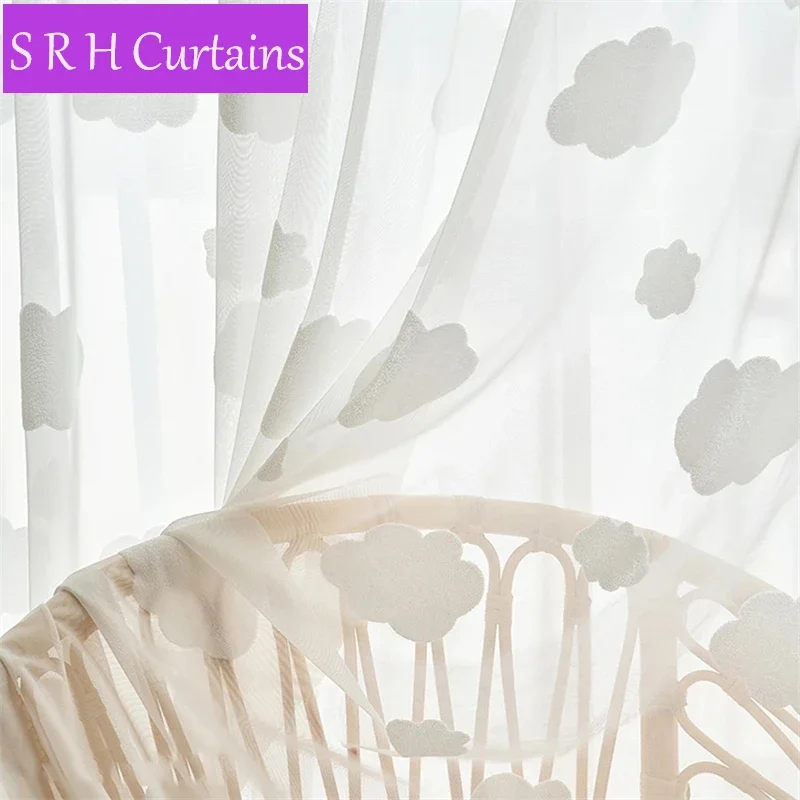 Прозрачные тюлевые шторы с вышивкой в скандинавском стиле белыми облаками для