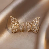 butterfly imitation pearls earrings for women cute gold color stud earrings shiny statement jewelry