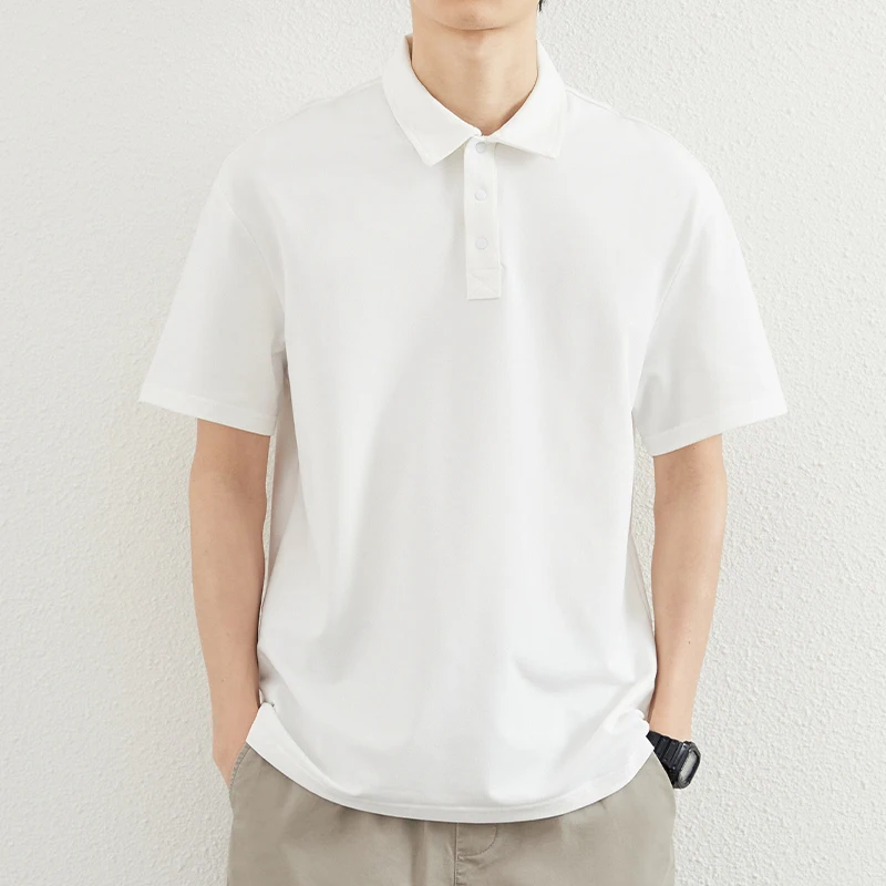 

Футболка-поло мужская с коротким рукавом, модная тенниска из смеси хлопка с жемчугом, однотонный белый пуловер, повседневный топ для подростков, лето