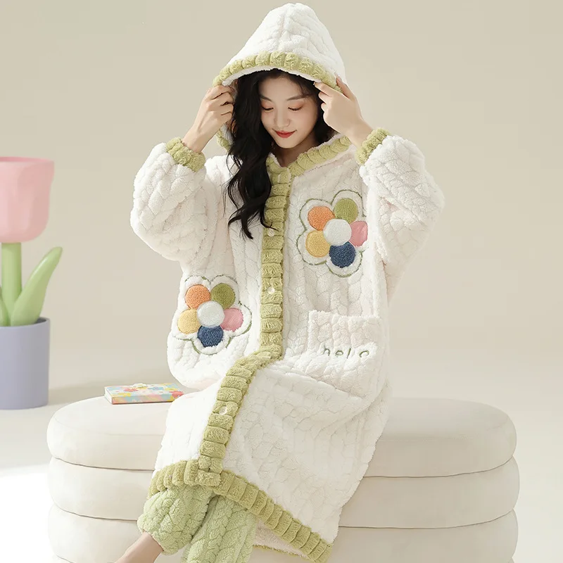Panda Cartoon Cute Winter Warm Nightwear for Women Coral Fleece Robe &amp Pant 2Pcs/set Sleepwear with Hood Young Girl Mujer Pyjama