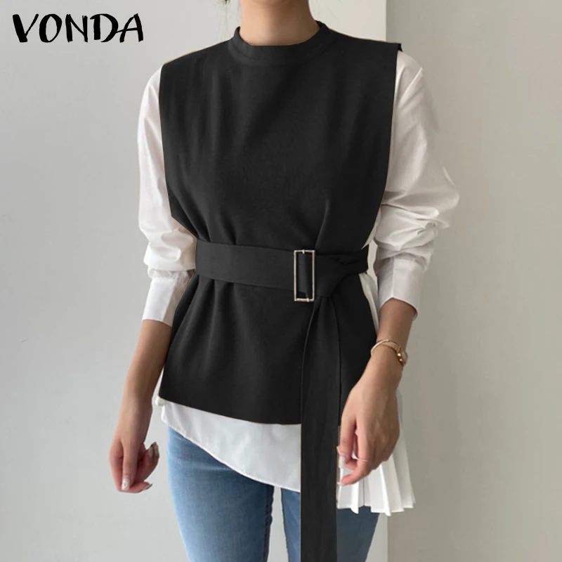

Женские Асимметричные рубашки VONDA, повседневные осенние топы с круглым вырезом и высокой талией из 2 предметов, туники с поясом, женские плис...