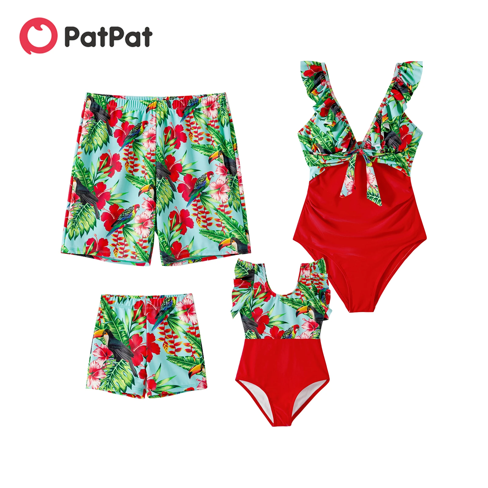 

PatPat Family Matching Swimsuit Sets Allover Tropical Plant Print Spliced One-piece Swimsuits and Swim Trunks