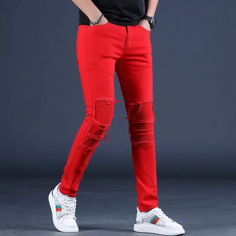 Summer Red Jeans Men Streetwear Casual Slim Fit Straight Pants Fashion Lightweight Ripped Patches Denim Trousers