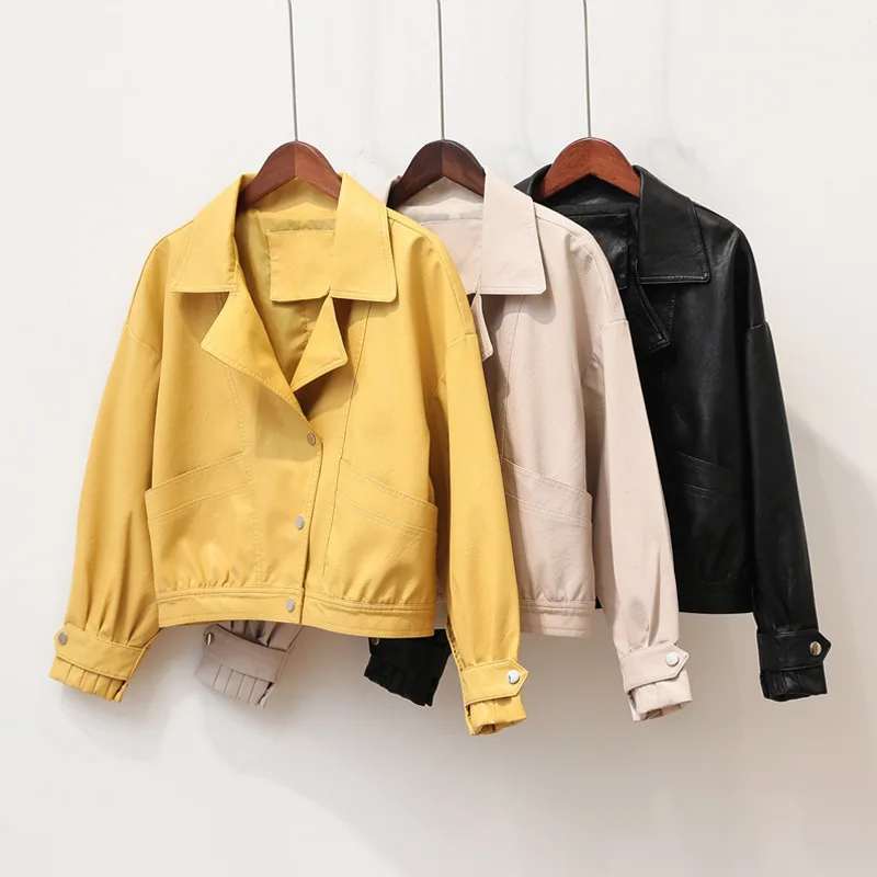Lapel large pocket single breasted women's short loose version of fashion leather jacket Korean version of motorcycle suit coat