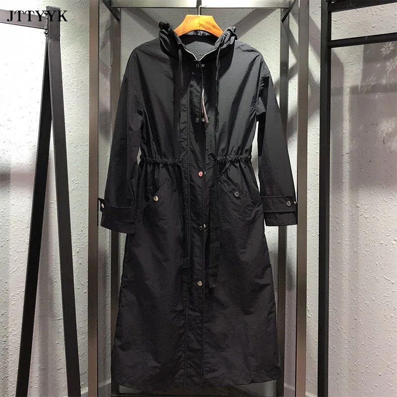 Женский Длинный плащ с капюшоном черный или зеленый тонкий повседневный